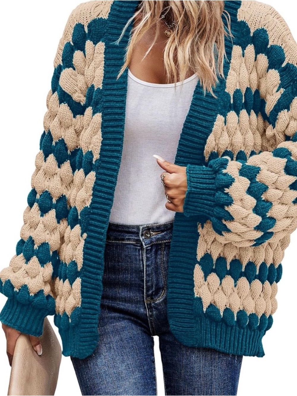 Teal and Beige Open-Front Chunky Knit Cardigan